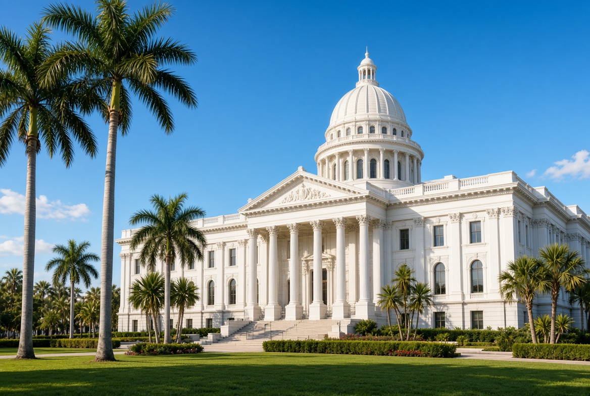 White civic building with dome and palm trees