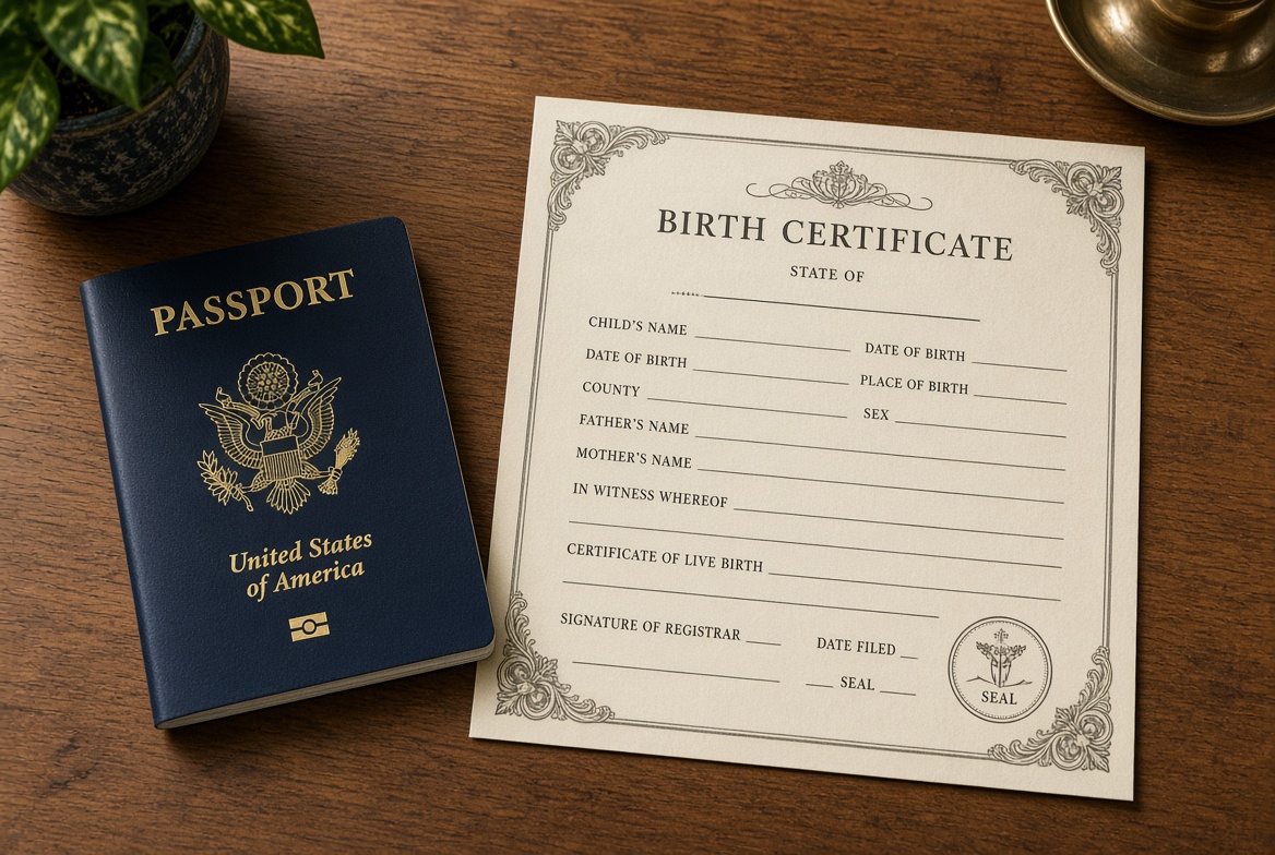 Passport beside a blank birth certificate form